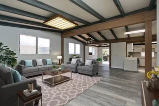 Living room with gray sofas, a patterned area rug, and large windows letting in natural light.