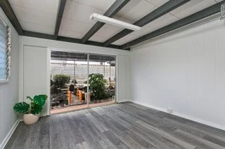 Empty room with white walls, gray flooring, large window, and a small plant in a pot.