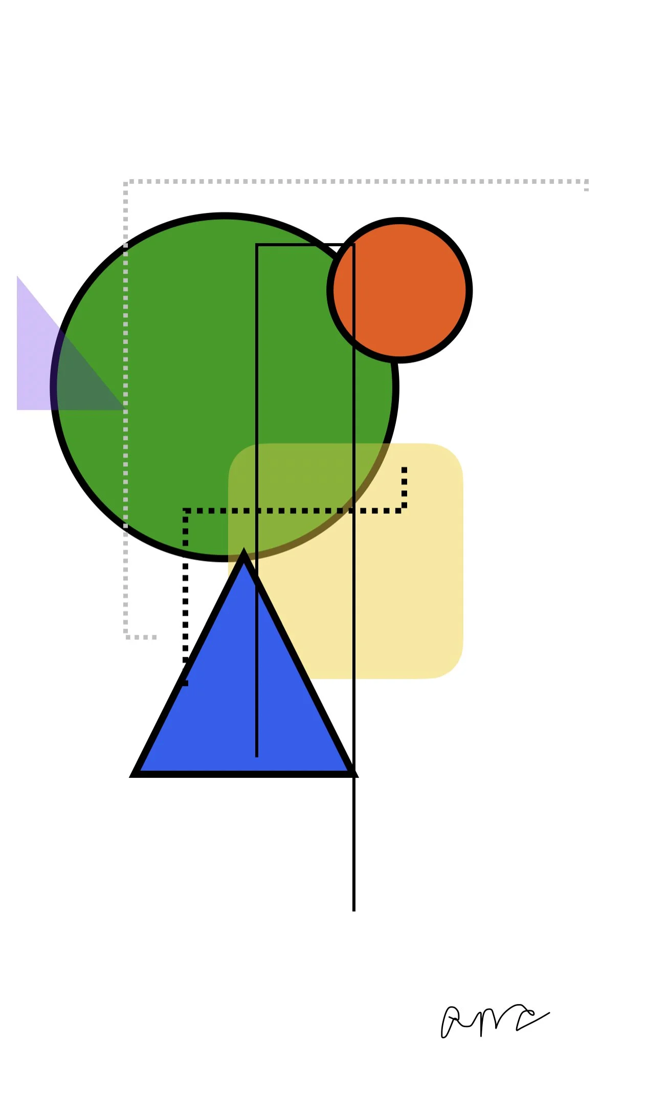 Abstract geometric art with colorful circles, squares, outlines, and a blue triangle on a white background.