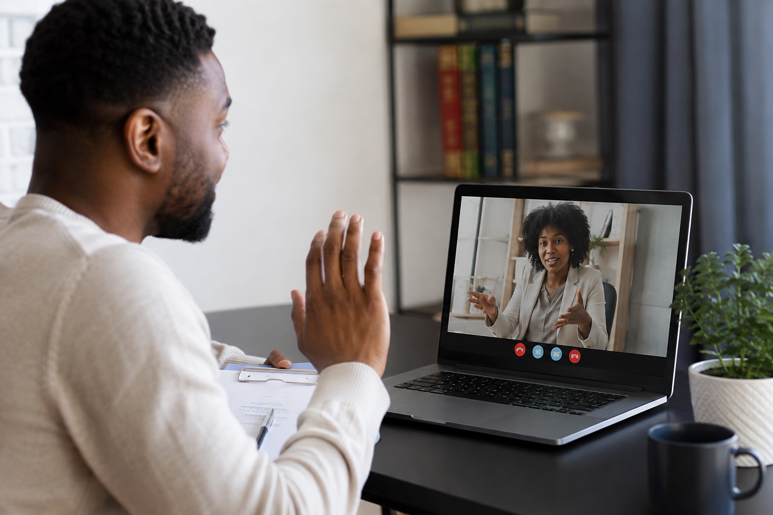 Man participating in a video call with a woman on a laptop, waving and listening attentively.