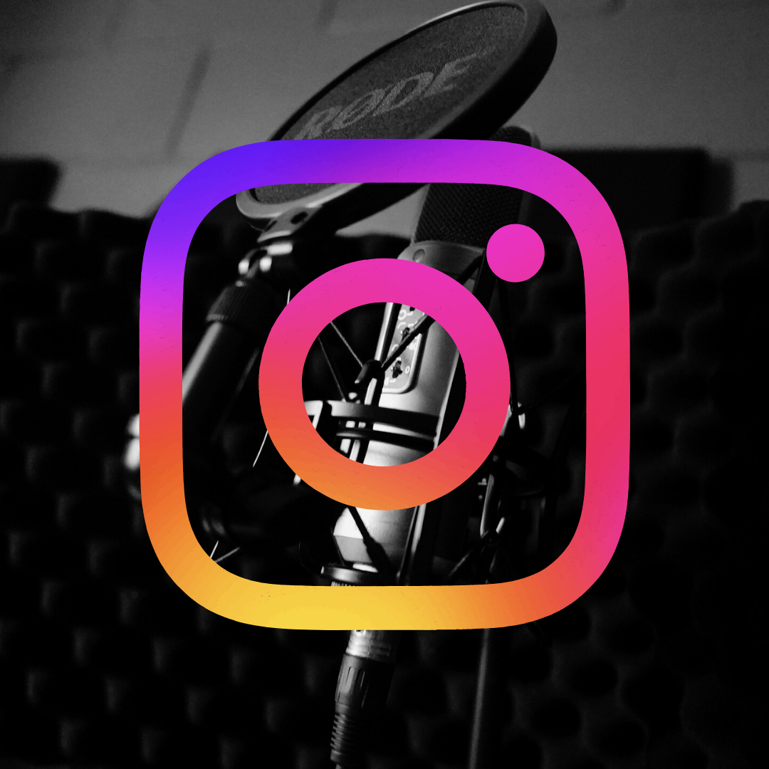 A black and white photo of a microphone with a pop filter and headphones hanging on a stand, with a colorful Instagram logo overlay.
