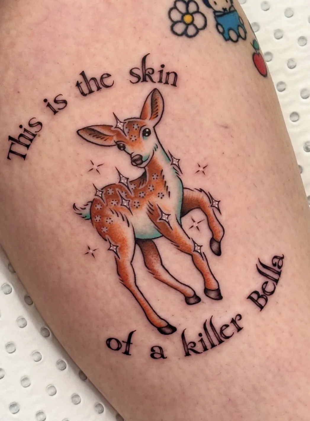 Colour Trad tattoo of a deer by Brandy G