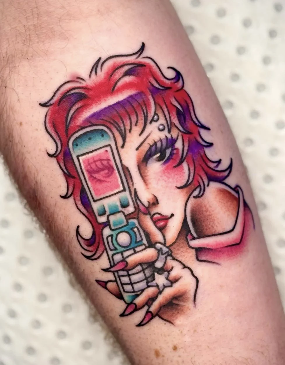 Colour Trad tattoo of a 90s lady face with a mobile phone by Brandy G
