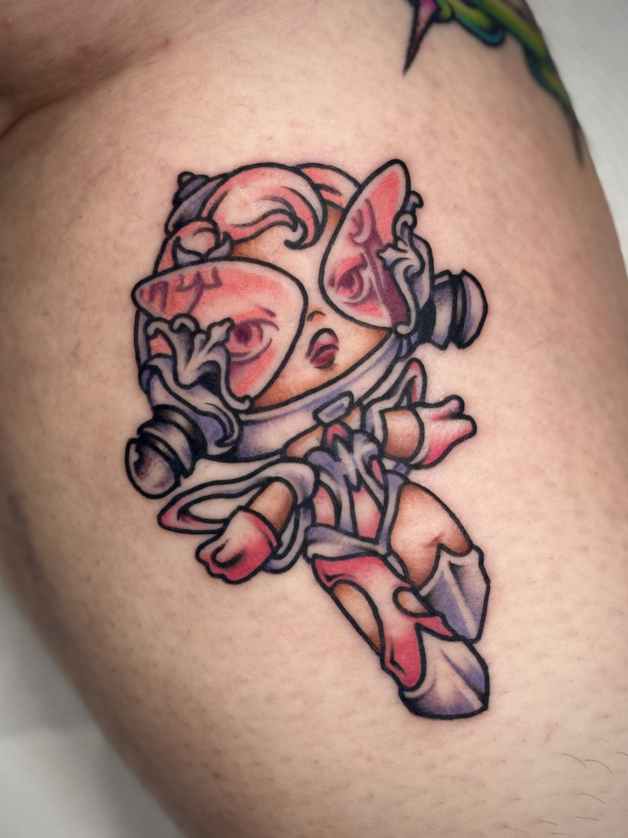 Colour Trad tattoo of a skullpanda by Brandy G