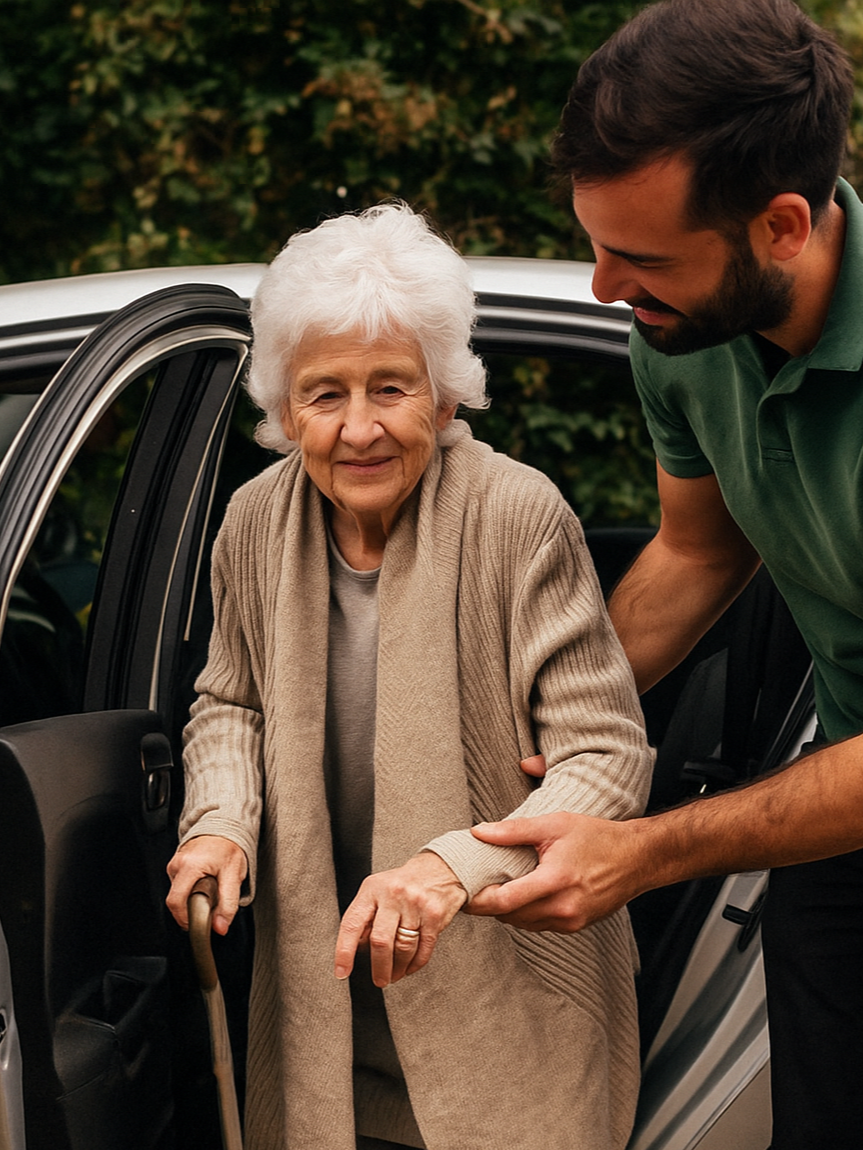 An elderly woman with white hair smiling while using a cane and being assisted out of a car by a young man wearing a green polo shirt.
