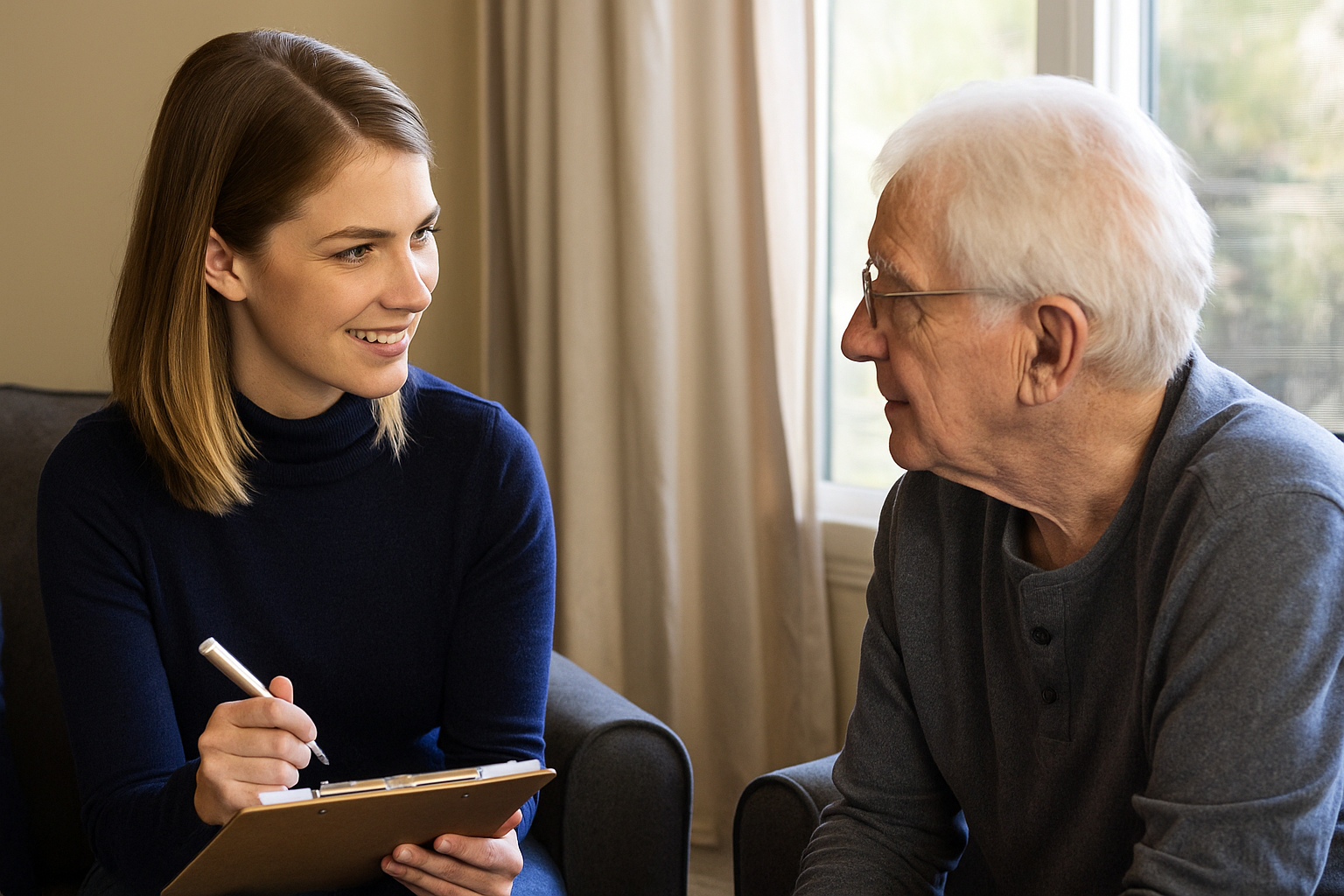 A young woman with shoulder-length brown hair smiling and holding a clipboard with a pen, talking to an elderly man with white hair and glasses in a cozy room near a window.