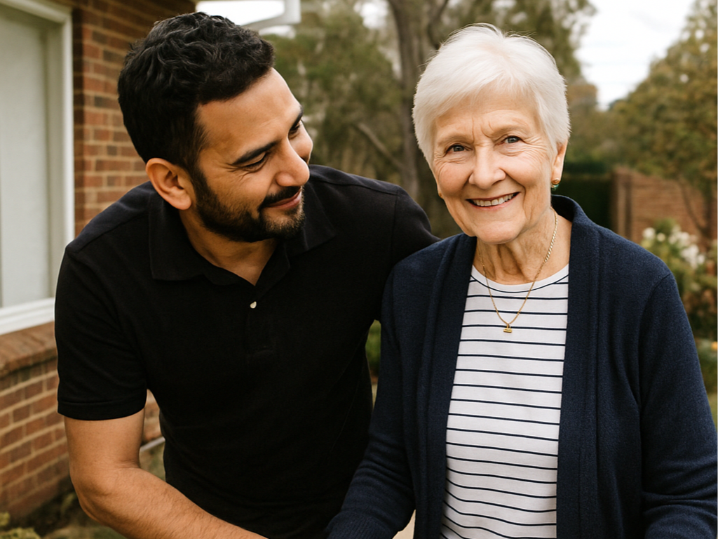 A young man with dark hair and a beard smiling at an elderly woman with white hair, both standing outdoors in a garden with trees and a brick house in the background.