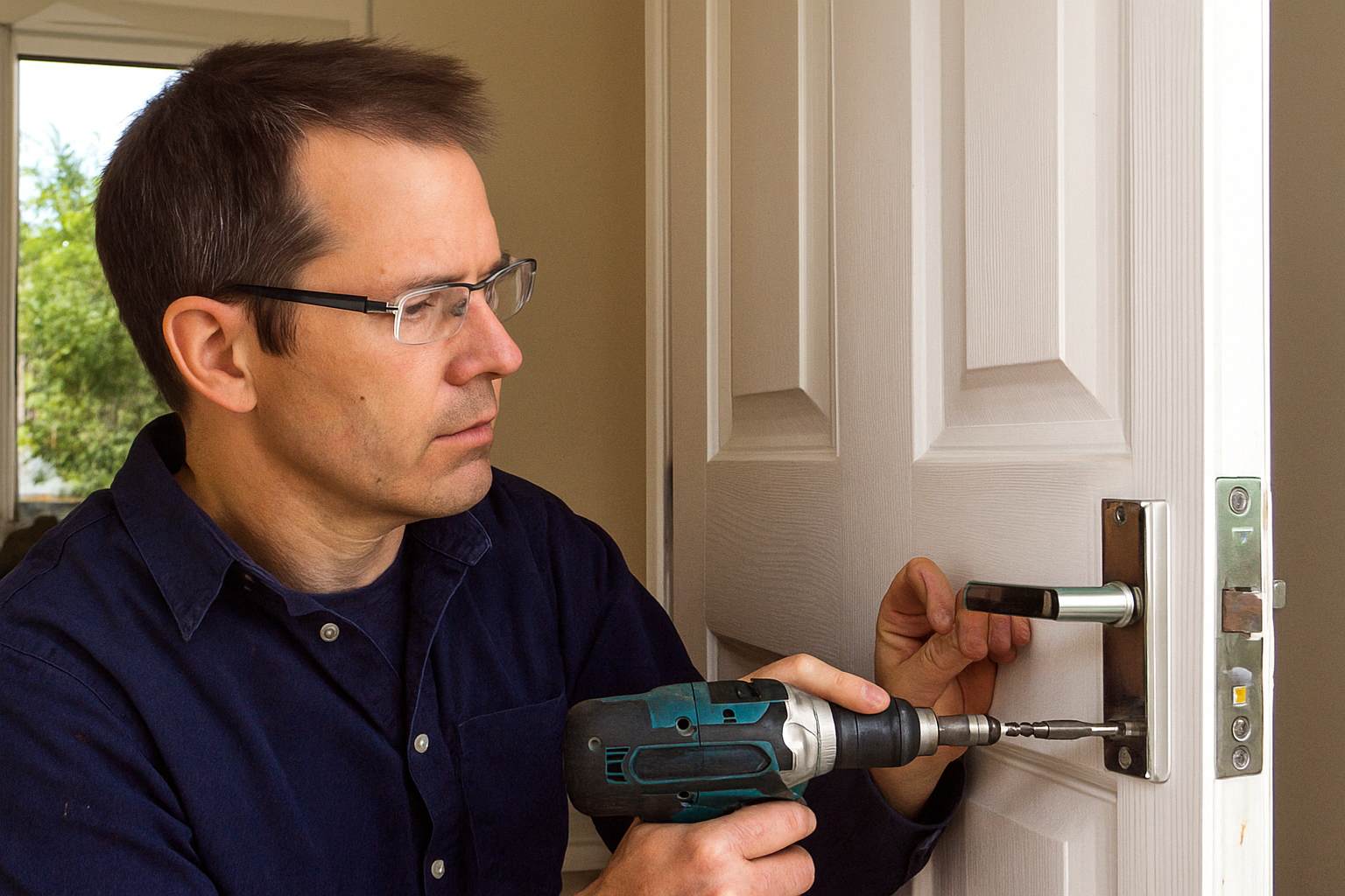 A man wearing glasses and a dark blue shirt is using a power drill to install or repair a door lock on a white wooden door.
