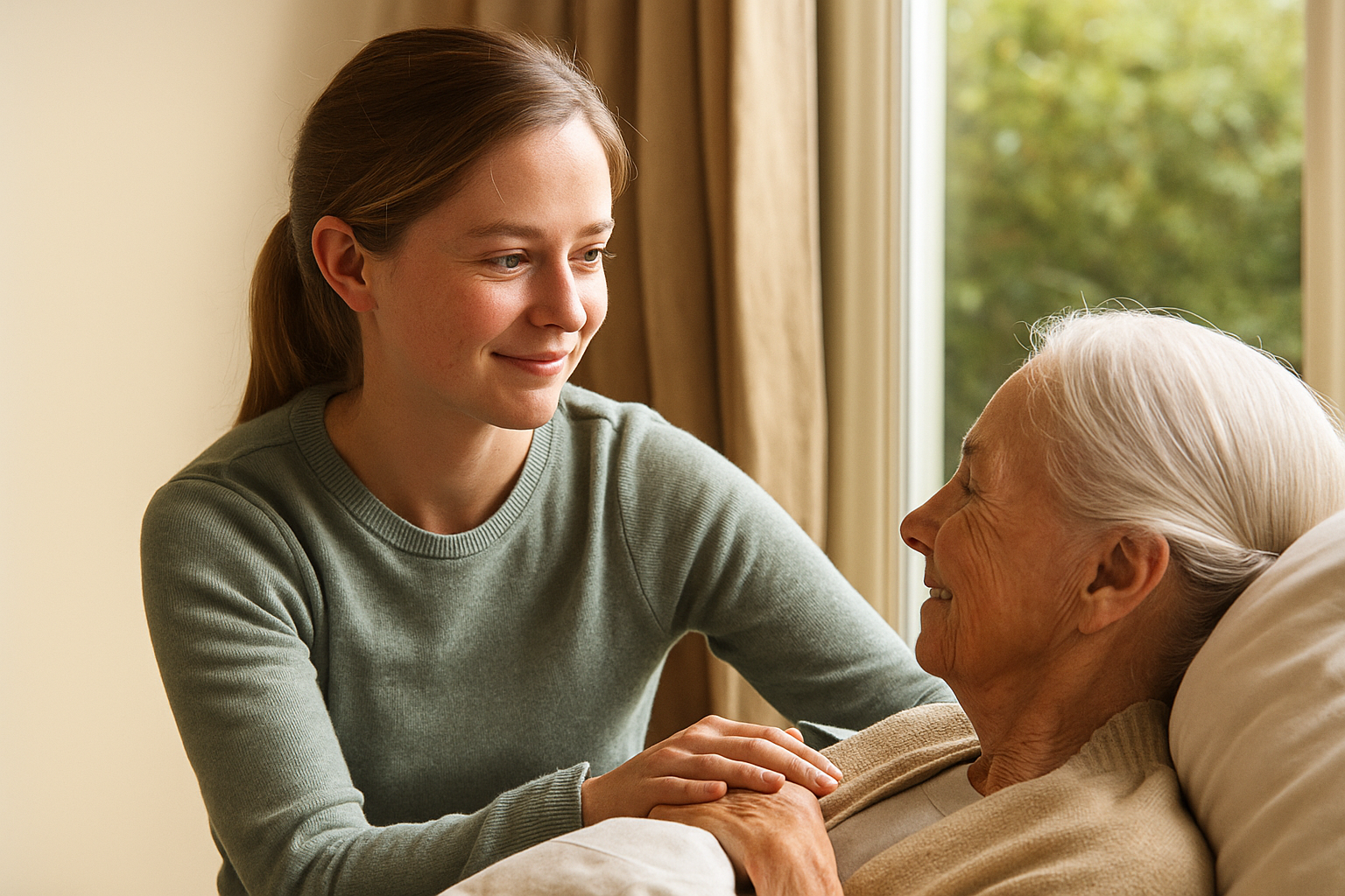 A young woman with brown hair smiling affectionately at an elderly woman with white hair, who is lying in bed by a window with a view of green trees.
