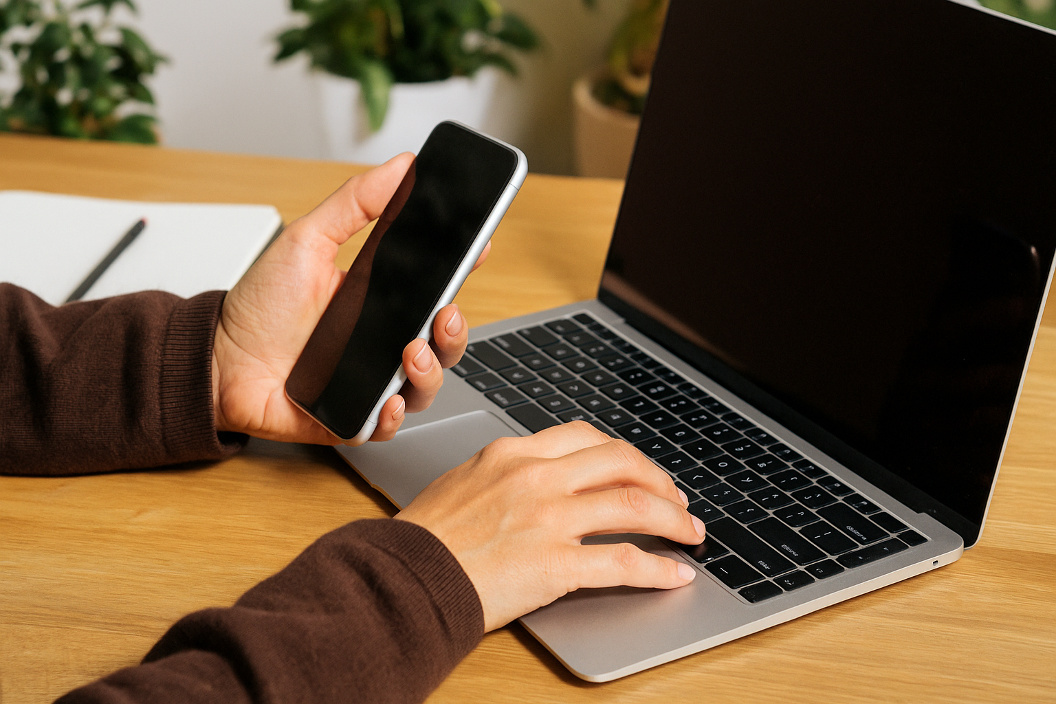 Person using a laptop and holding a smartphone on a wooden desk with a notebook and pen nearby, green plants in the background.