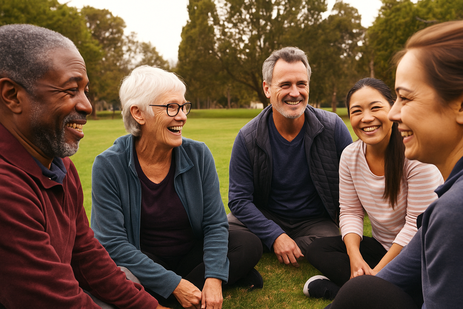 A diverse group of five people sitting on grass in a park, laughing and enjoying each other's company.