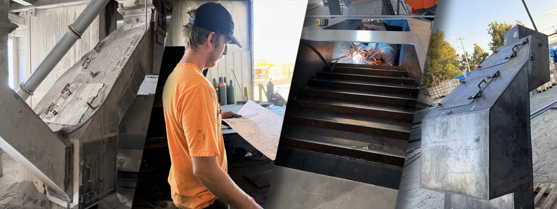 A collage of four images: a large industrial machine part, a man reading a blueprint, a welding process with sparks, and another industrial machine or container outside.