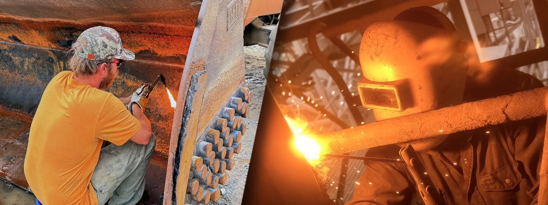 A worker welding metal parts at an industrial facility. The worker is wearing a yellow shirt, camouflage hat, gloves, and welding helmet. Sparks and bright light are seen as they weld a large metal piece, with industrial equipment and metal rods visible in the background.