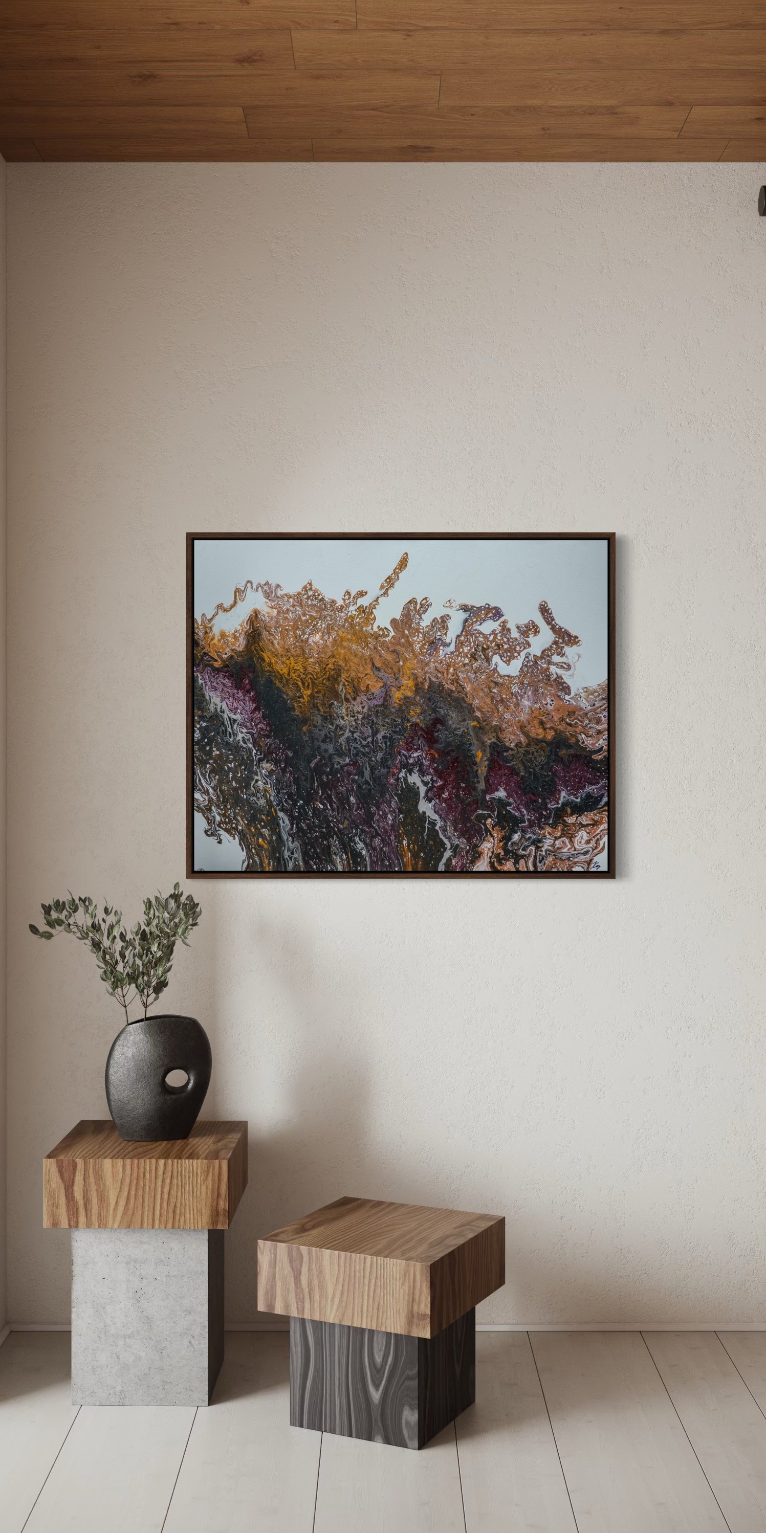 Interior scene with two wooden stools, a black vase holding green foliage, and an abstract painting with swirling black, purple, and gold tones on a white wall.