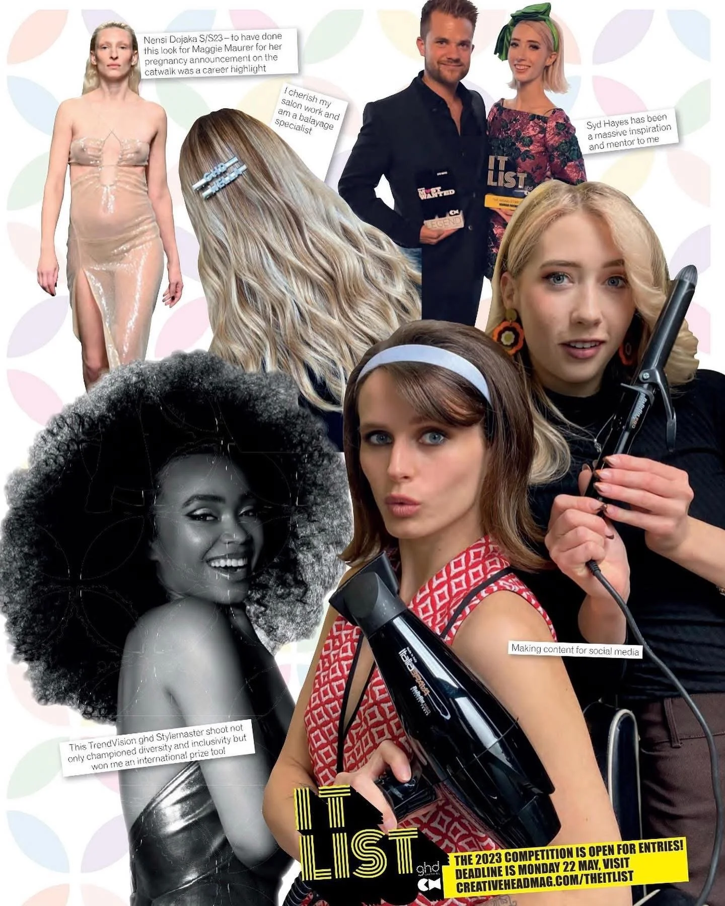 Collage of women working in beauty, fashion, and media. Includes a woman with blonde hair in a nude dress, a woman with wavy blonde hair, a woman with an afro hairstyle, a woman holding a hair dryer, and two women posing with awards. Text labels mention styling, social media content creation, and inspirational figures, with a promotion for a 2023 competition deadline.