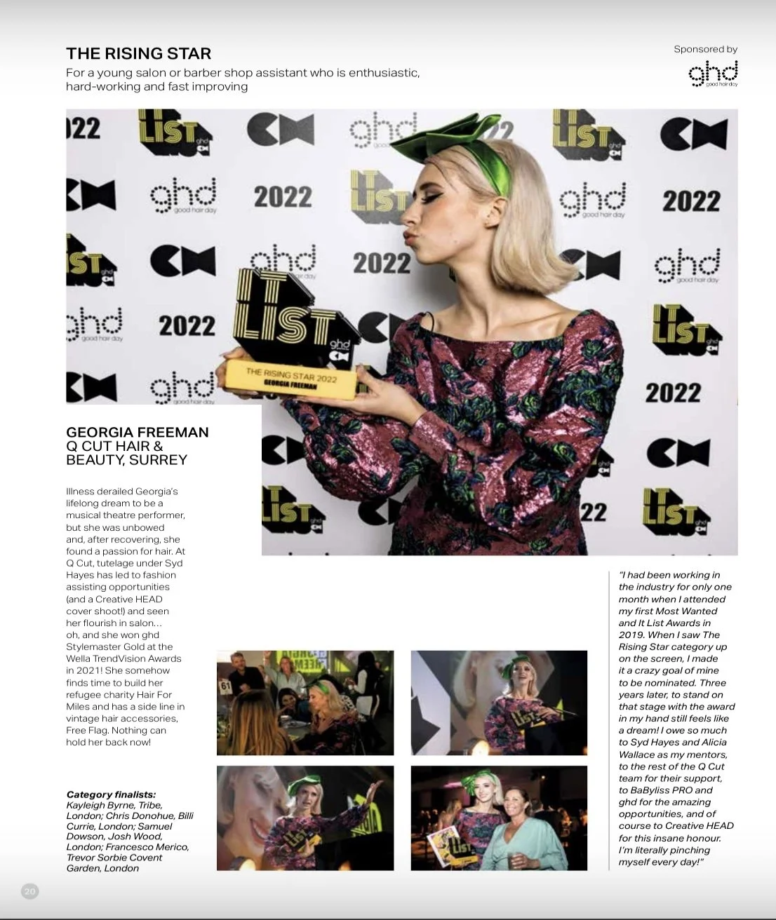 A woman with blonde hair, green headband, and floral blouse holding an award at an event with a backdrop displaying logos and text for 'ghd', 'List', and '2022'.