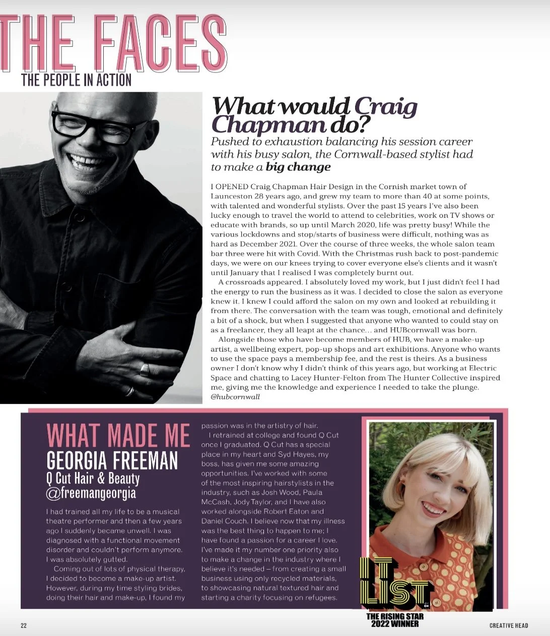 Magazine page with interview and photo. Top left, a black-and-white photo of a smiling man with glasses. Text about Craig Chapman, a hair stylist. Bottom right, a color photo of a smiling woman with blonde hair. Text about Georgia Freeman, a makeup artist and industry professional.