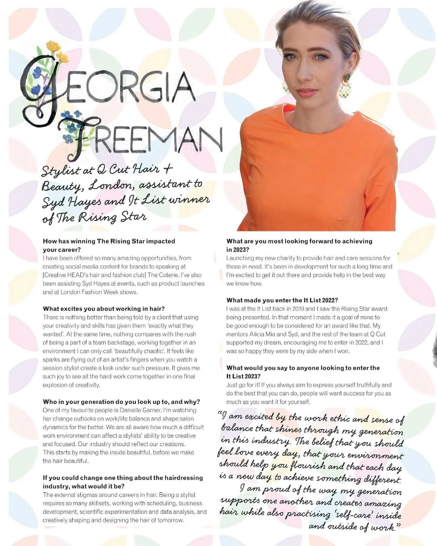 A woman with short blonde hair wearing an orange top and large earrings, standing against a pastel-colored patterned background featuring leaves and flowers, with text highlighting her career achievements and aspirations in the hair and beauty industry.