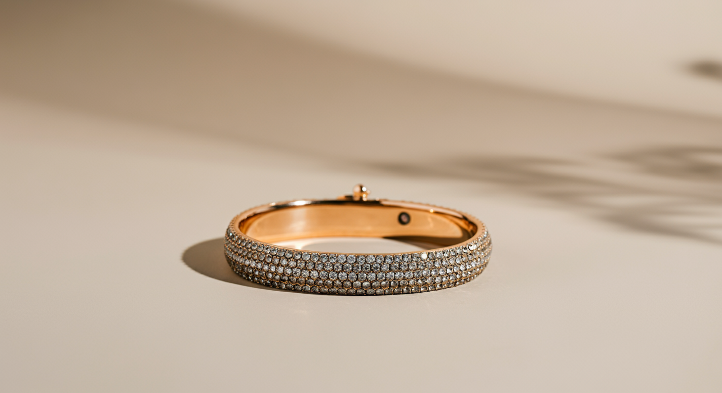 Gold bracelet encrusted with small diamonds, resting on a light-colored surface with soft shadows.