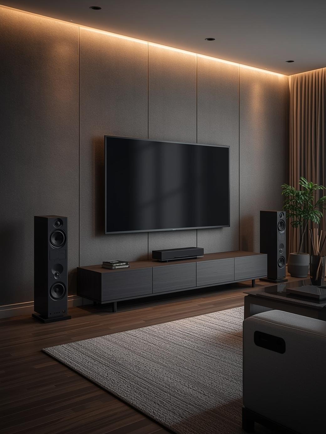 Home entertainment system with flat-screen TV , robot vacuum cleaners, and speakers supplied through professional electronics distribution.