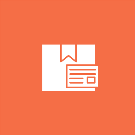 Icon of a book with a bookmark, accompanied by a document or note, on an orange background.