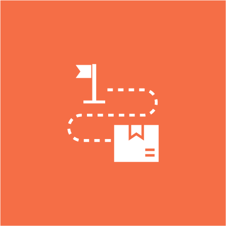 An icon of a flag, dotted path, and a package on an orange background.