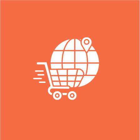 Shopping cart icon with globe and location pin on an orange background.