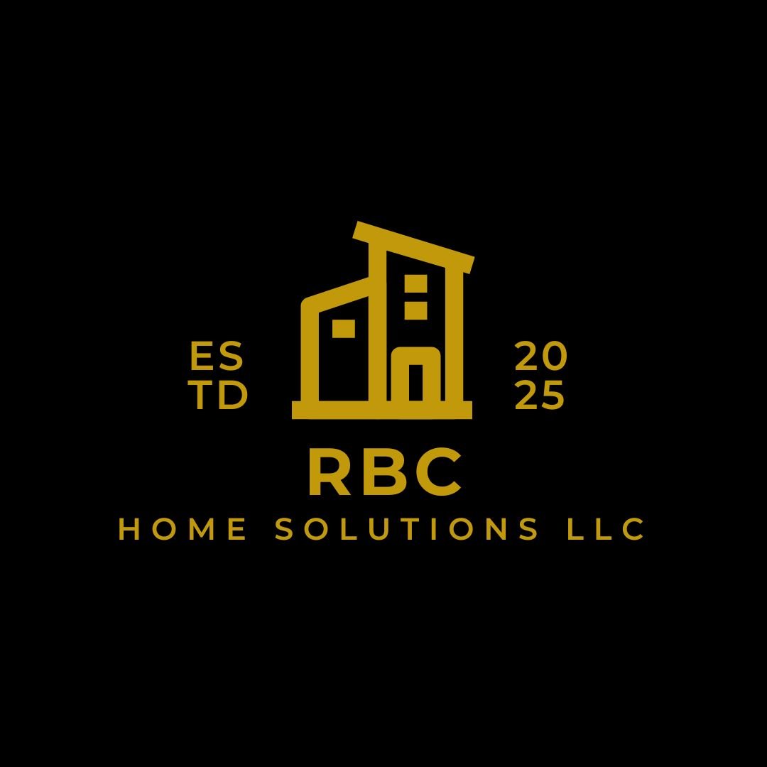 Logo for RBC Home Solutions LLC featuring stylized buildings, with 'ESTD 2025' and text 'RBC Home Solutions LLC' in gold on a black background.