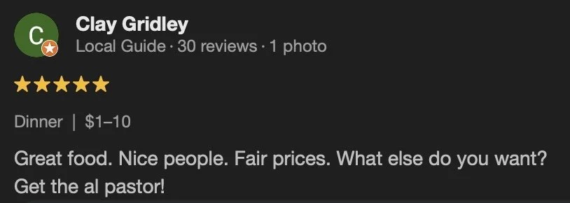 Review of Clay Gridley, a local guide, with a five-star rating, mentioning good food, friendly people, fair prices, and recommending the pastor.