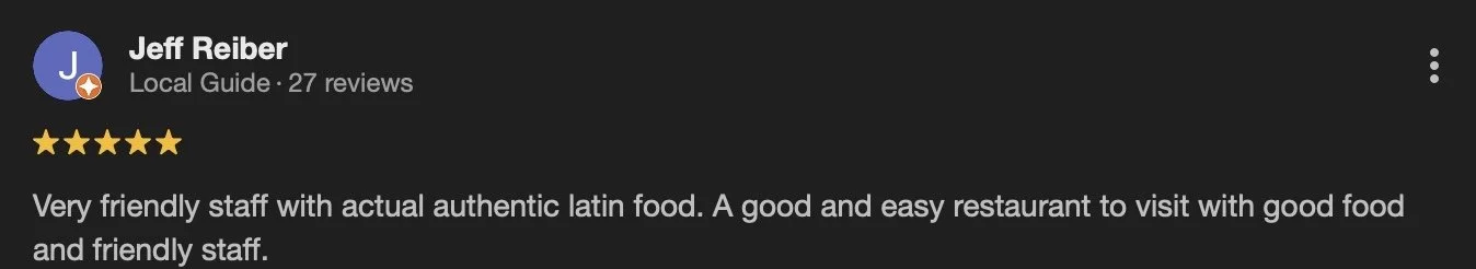 Review card showing a 5-star rating for a restaurant with feedback praising friendly staff and authentic Latin food