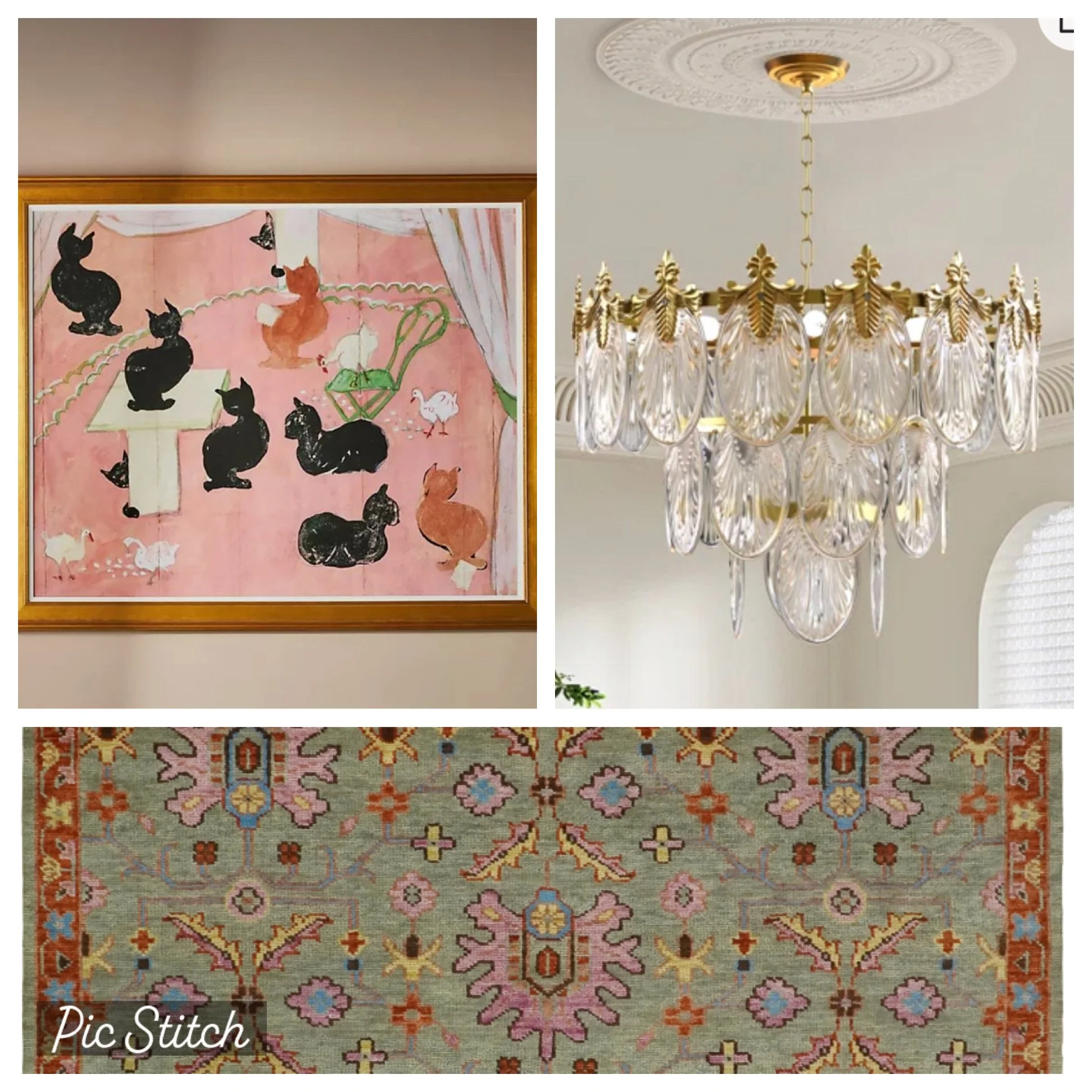 A collage of three images featuring interior home design process, a white ceiling with an ornate chandelier adorned with large glass droplets, and a patterned area rug with floral and geometric designs in soft pink, orange, blue, and green colors.