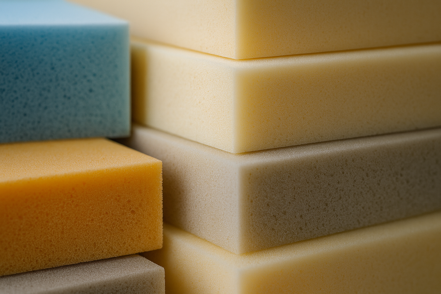 Close-up of stacked assorted cleaning sponges in yellow, white, blue, and orange colors.