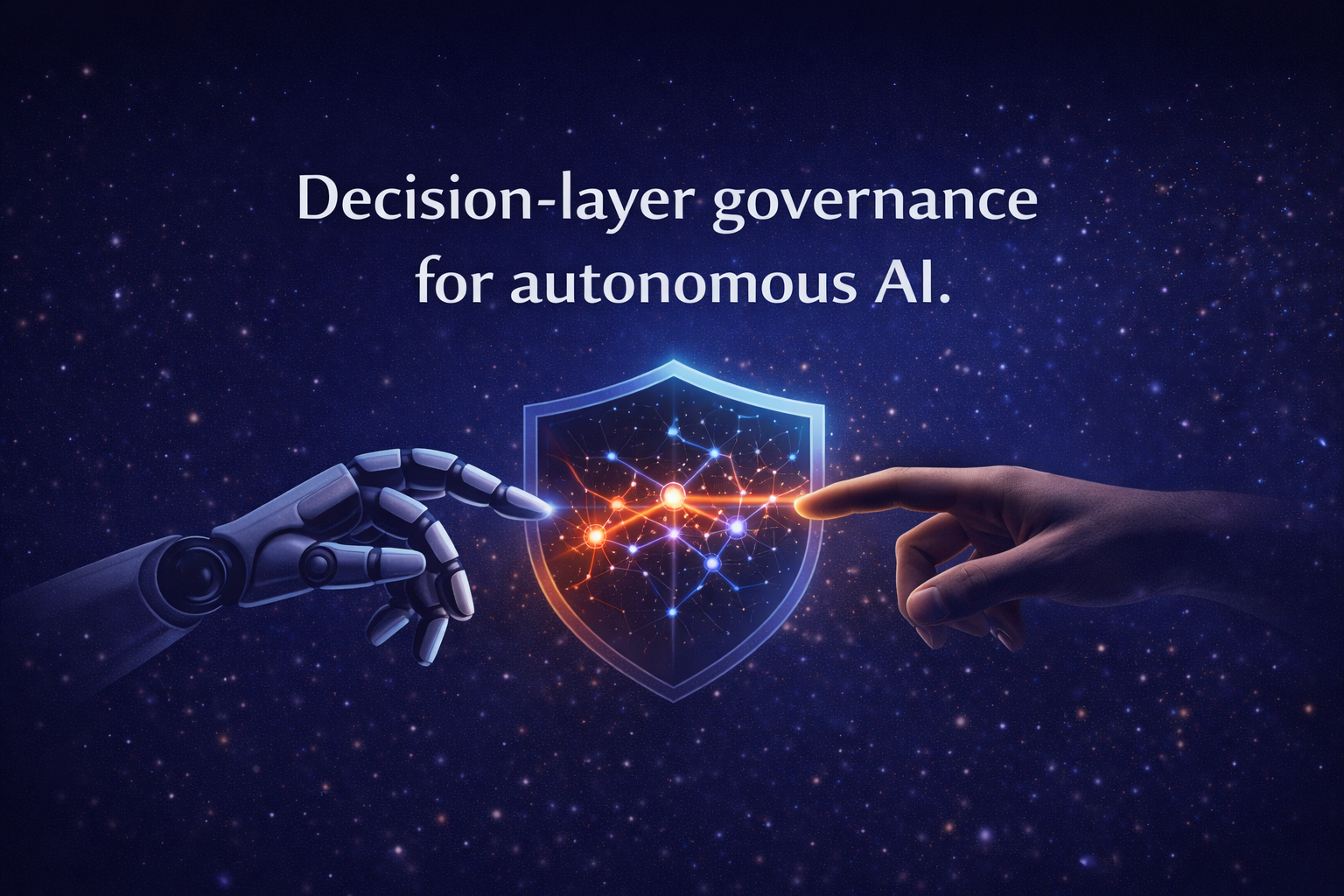 Graphic showing a robotic hand and a human hand reaching toward a digital shield with interconnected nodes, with the text 'Decision-layer governance for autonomous AI.' over a starry background.