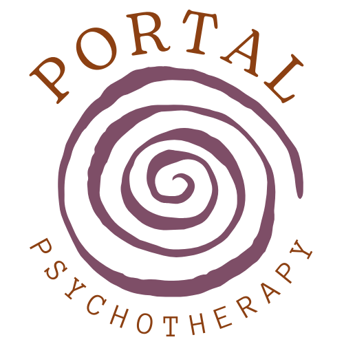 Logo with a purple spiral and the words "PORTAL PSYCHOTHERAPY" surrounding it.