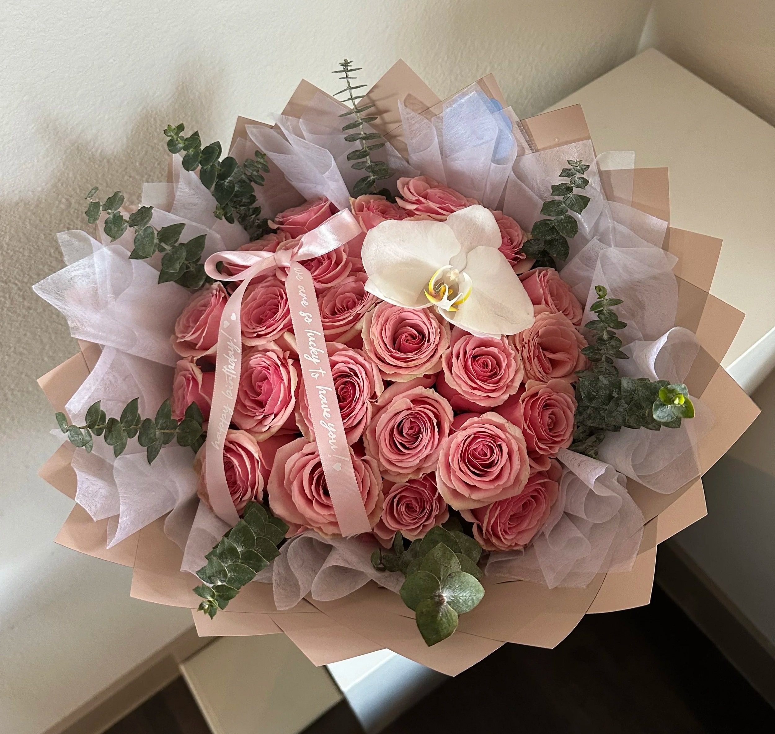 Blushing Pink Roses + Orchid