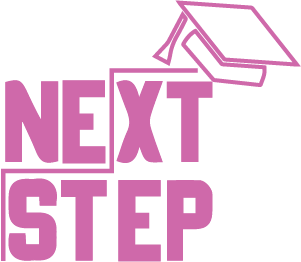 Illustration of a graduation cap and the words 'Next Step' in purple and pink lettering.