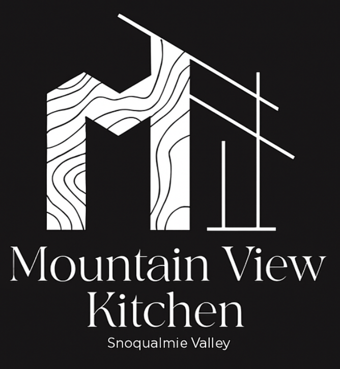 Logo for Mountain View Kitchen featuring a stylized mountain and construction framework, with the text "Mountain View Kitchen" and "Snoqualmie Valley" beneath the graphic.