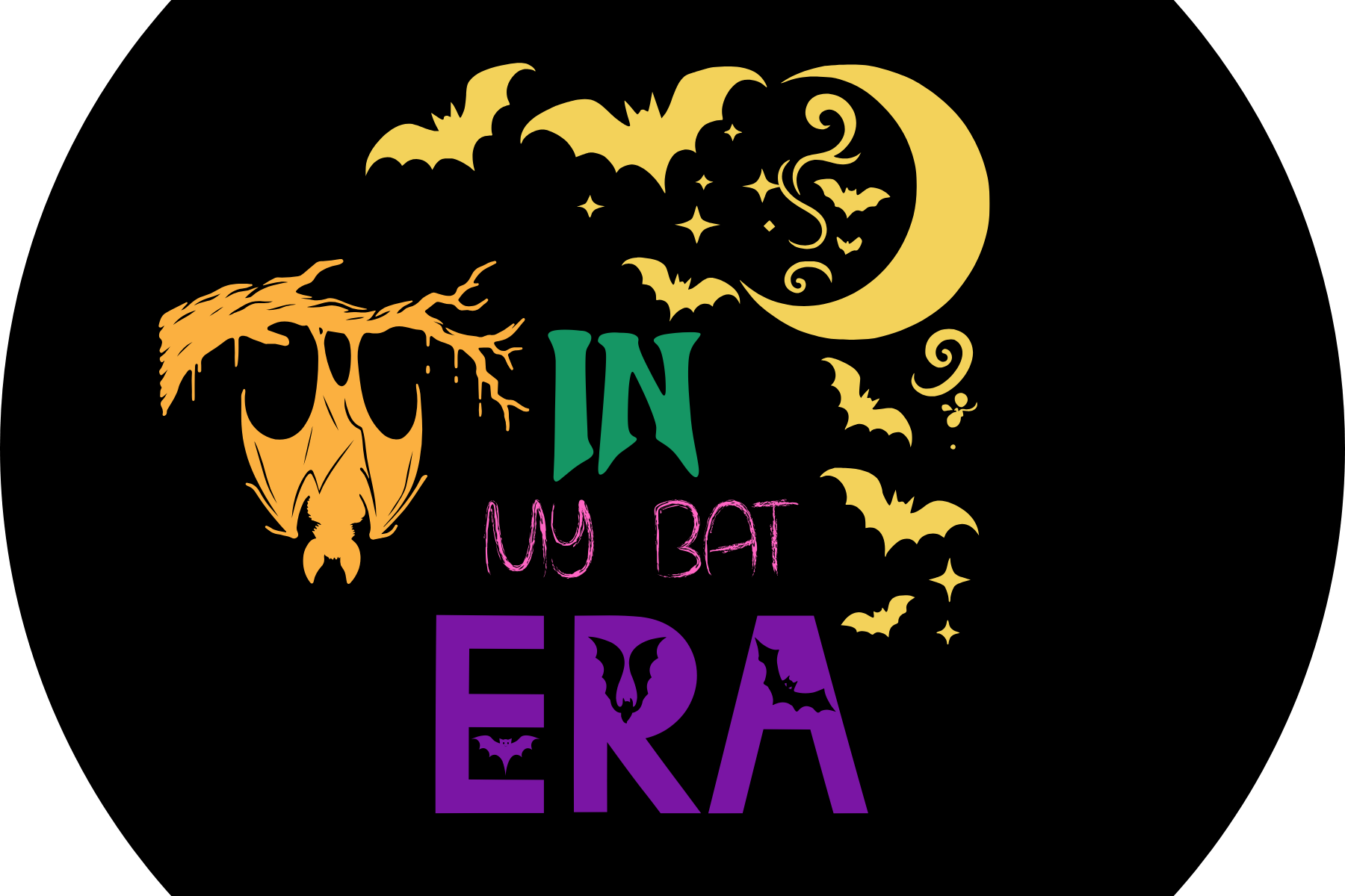 Halloween-themed graphic with a carved pumpkin, bats, a moon, and stars, with the text 'In My Bat Era' in colorful letters.