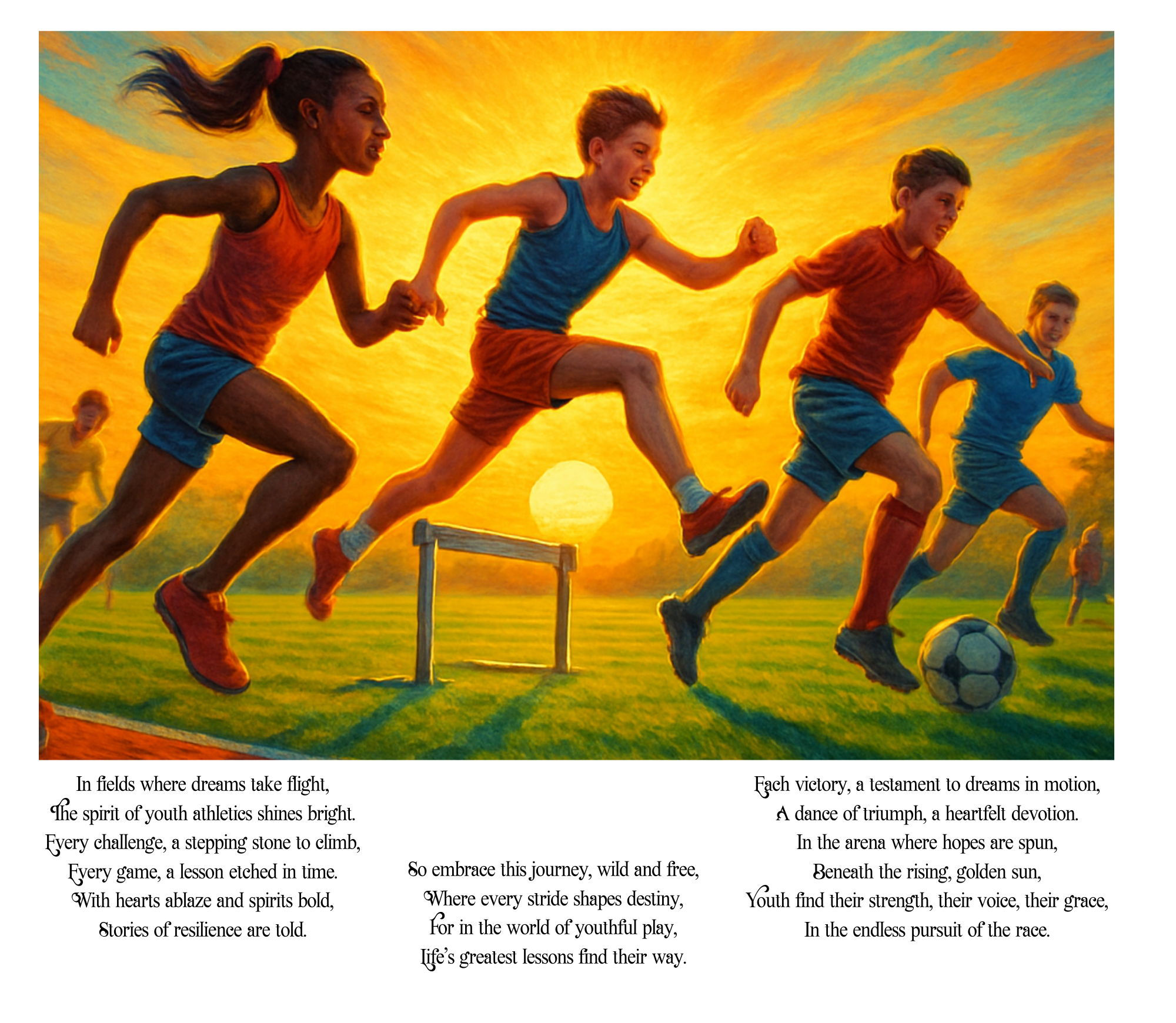 A vibrant painting of children running and playing soccer outdoors during sunset, with a scenic sky and grassy field in the background, accompanied by a poetic poem about youth, sports, and resilience.