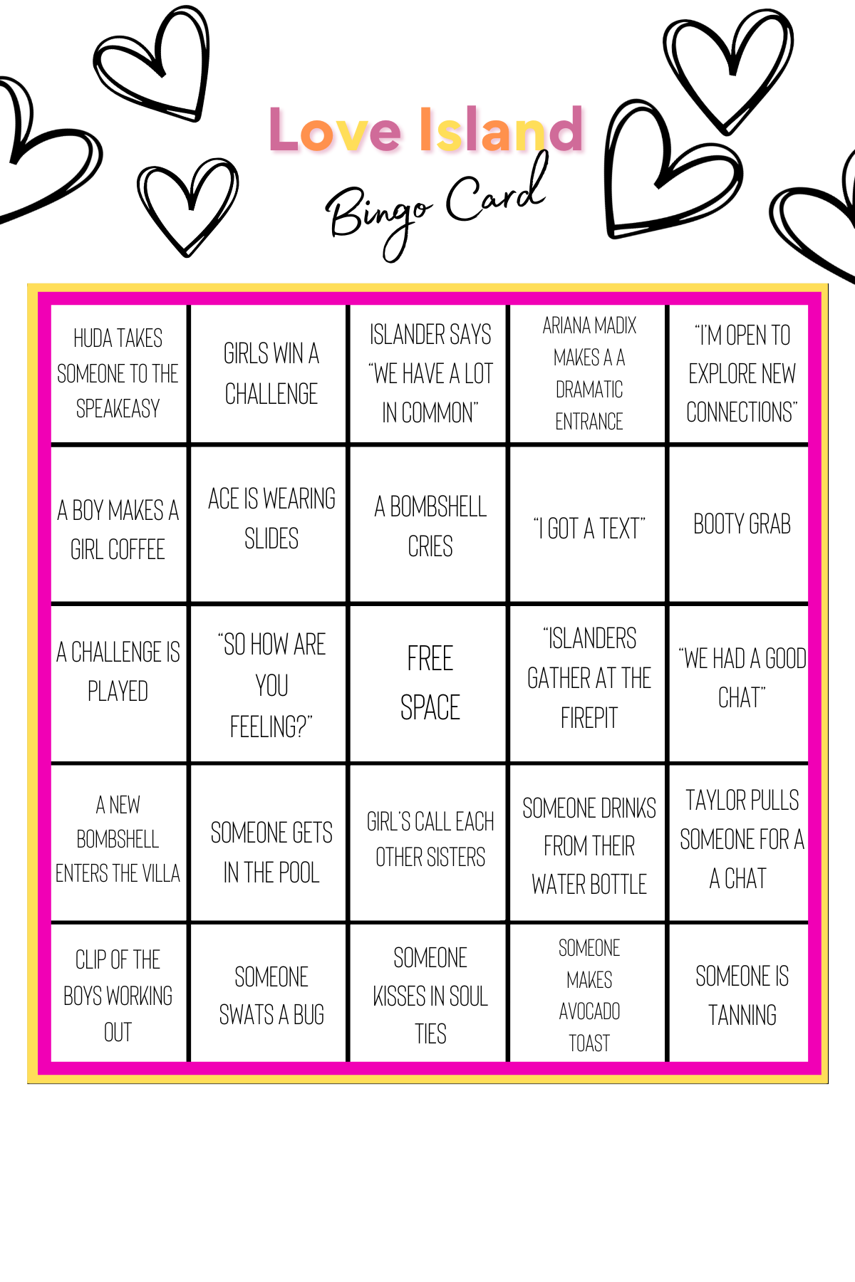 Love Island Bingo Card with words inside a grid, decorated with black heart illustrations and colorful 'Love Island' title at top.