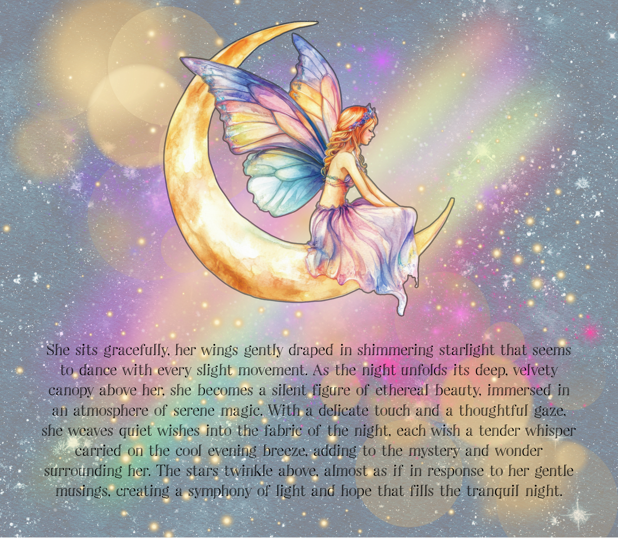 A digital illustration of a fairy sitting on a crescent moon against a starry night sky with colorful bokeh effects and a rainbow. The fairy has butterfly wings, long flowing hair, and a flowing dress. There is a poetic text overlay describing her pe