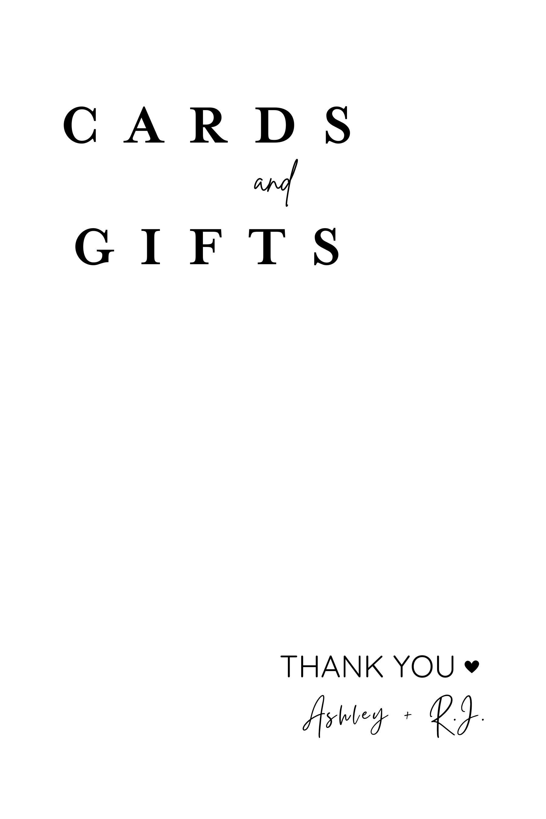 Thank you card with the words "Cards and Gifts" and a message reading "Thank You Ashley + R.J." with a small heart icon.