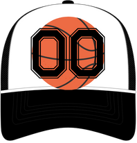 A white baseball cap with a black bill, featuring an orange basketball and a digital-style number display reading '00' on the front.