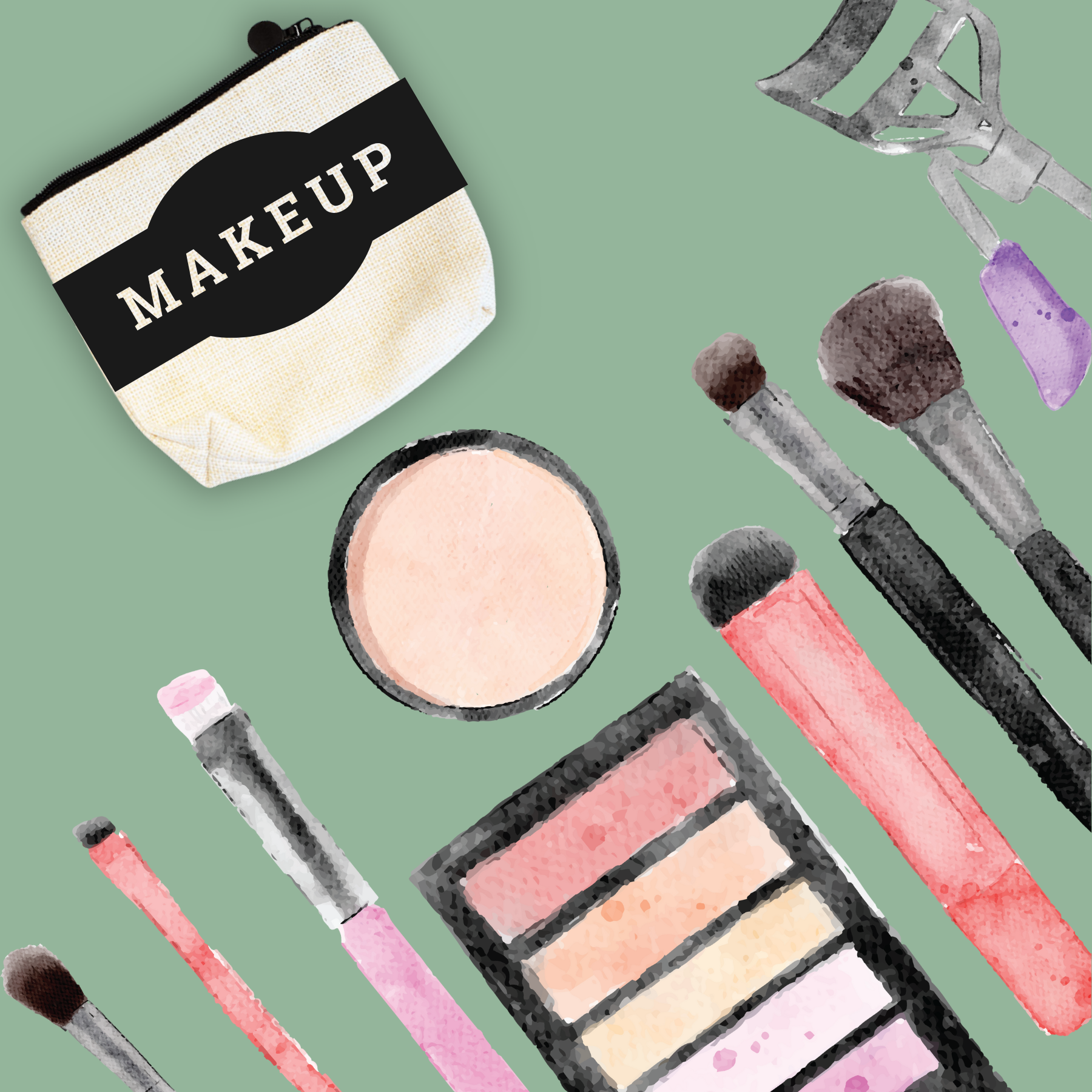 Makeup tools including brushes, a sponge, a palette, and a makeup bag with 'Makeup' label on a green background.