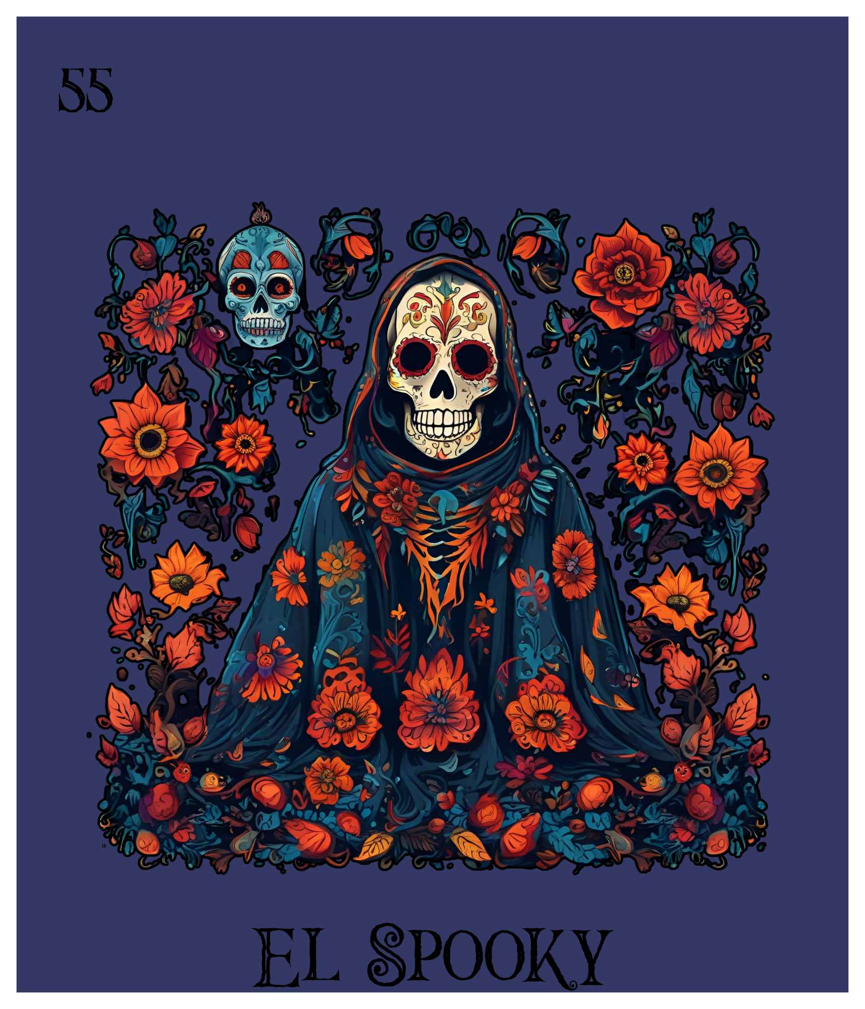 An illustrated spooky figure with a decorated skull face, surrounded by orange flowers and dark foliage, labeled 'El Spooky' with a dark blue background.