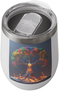A thermal tumbler with a colorful tree design on its label.