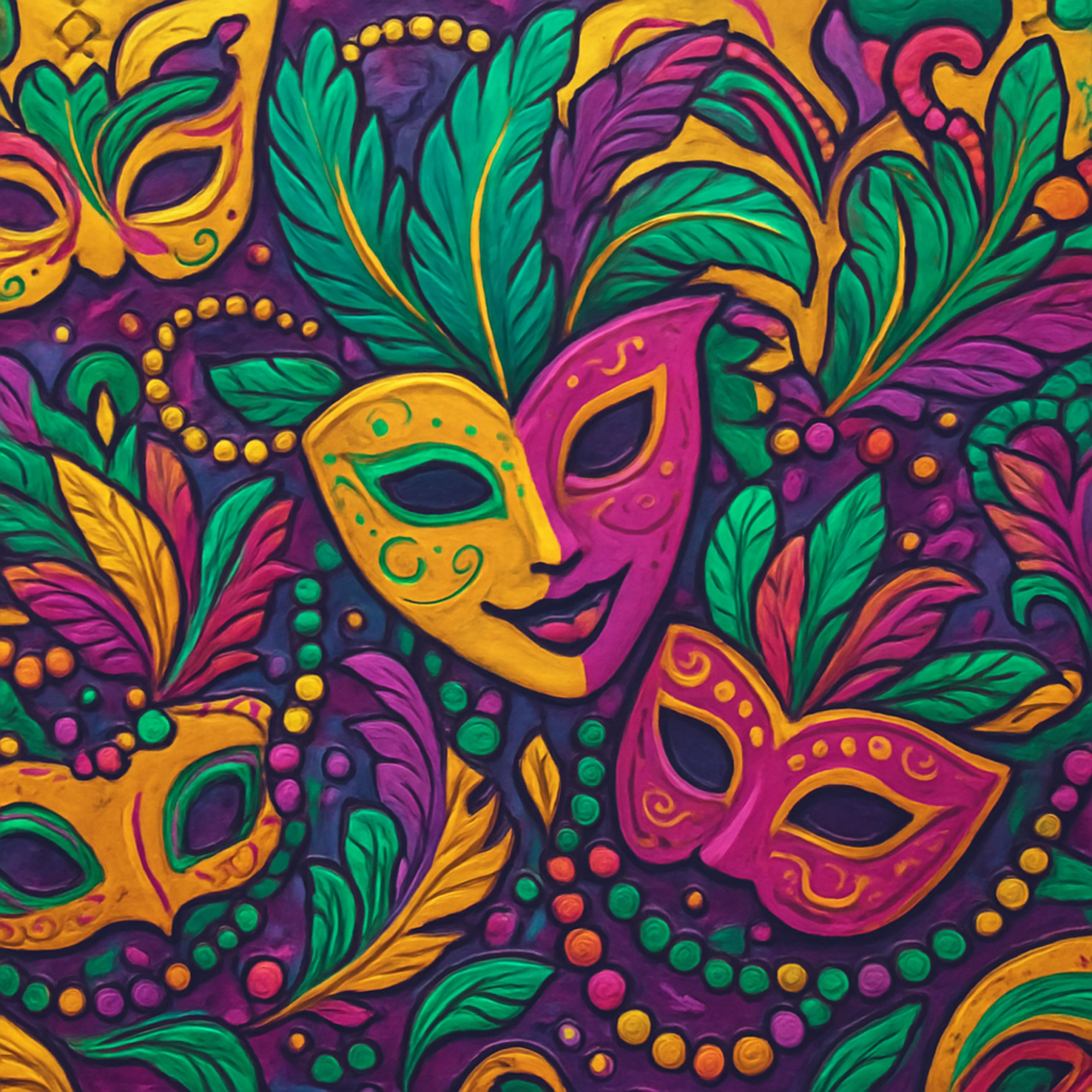 Colorful painting of carnival masks and feathers in purple, green, yellow, and pink with decorative swirls and beads.