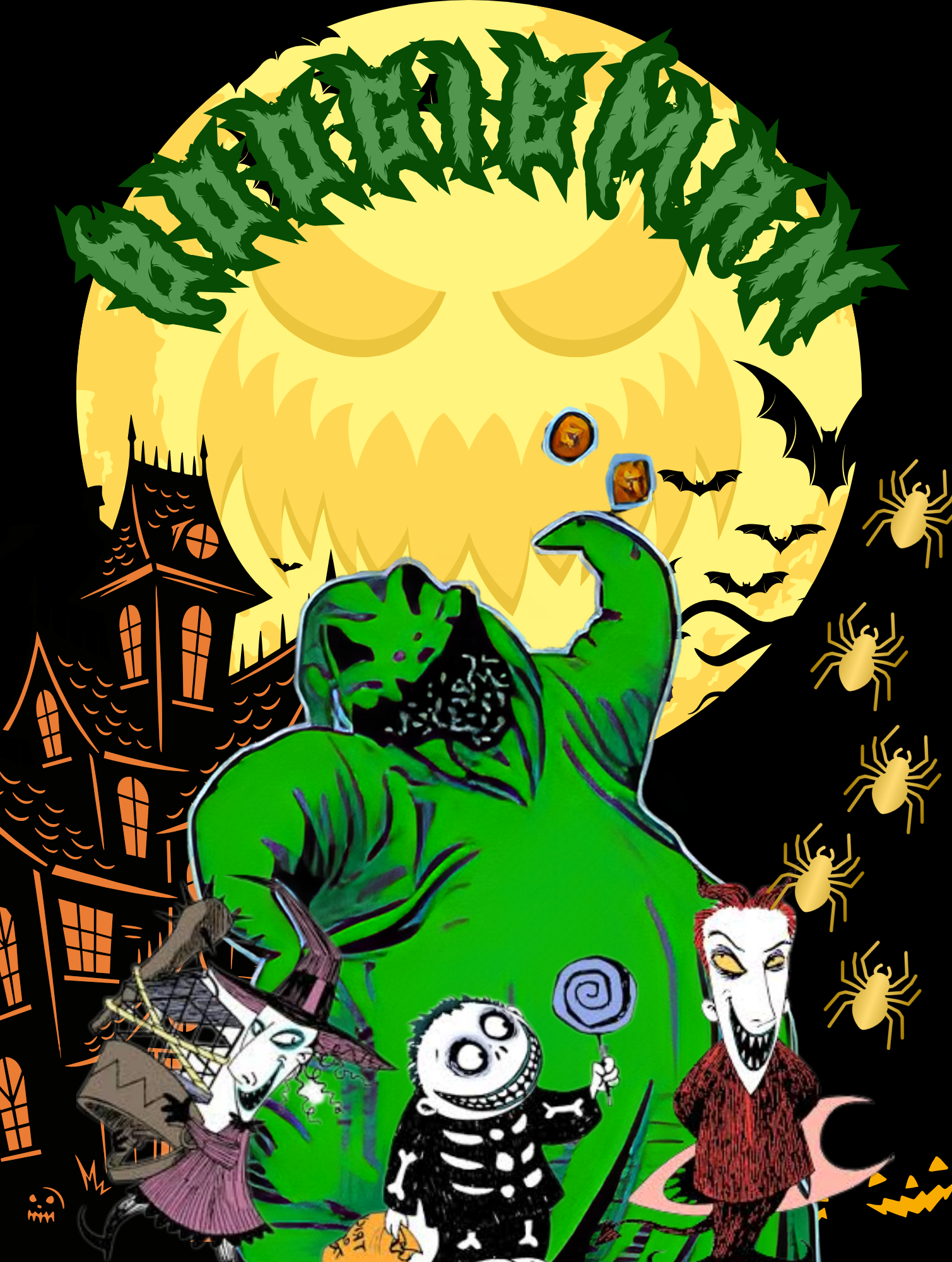 Halloween-themed illustration featuring a green monster with a large mouth, three kids in costumes, a haunted house, bats, spiders, and a full moon in the background.