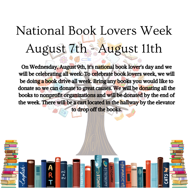 Poster announcing National Book Lovers Week from August 7th to August 11th with a background of a tree and floating books, and a pile of books at the bottom.