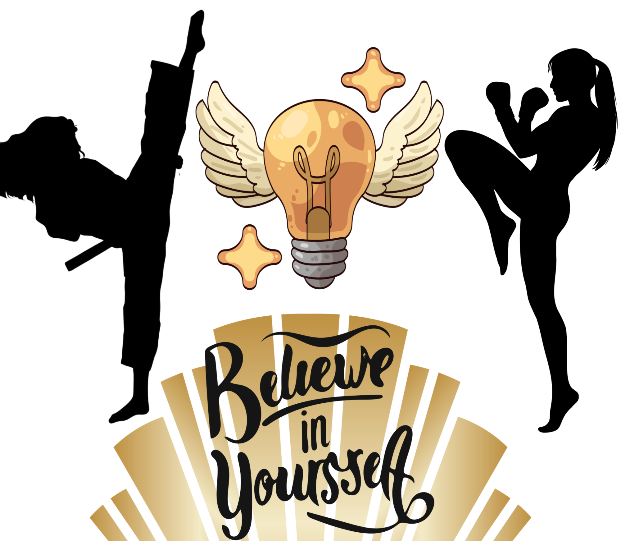 Silhouette of a martial artist performing a high kick on the left, a silhouette of a woman in an exercise pose on the right, a central illustration of a winged lightbulb with a happy face, surrounded by stars, and the phrase "Believe in Yourself" in 